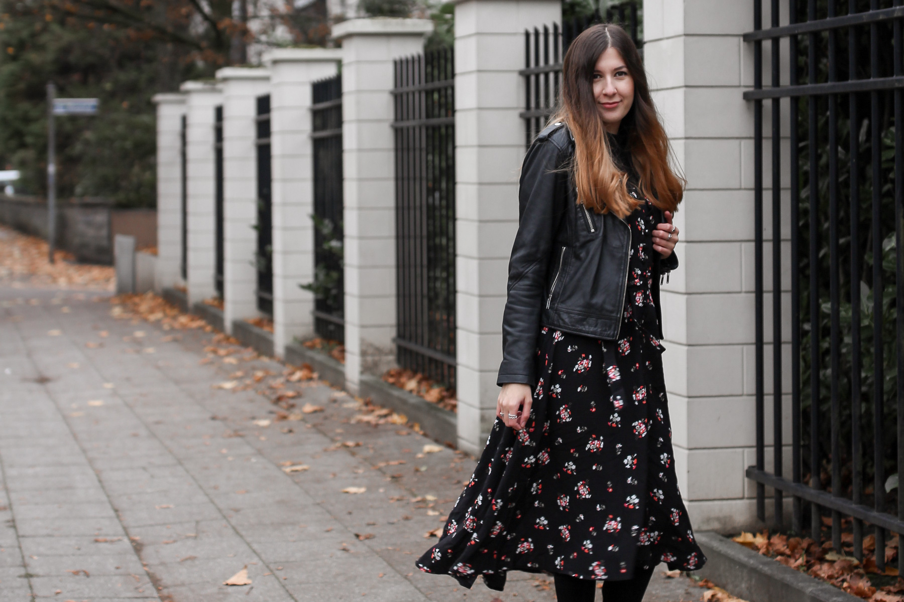 outfit, asos,floral, midi, dress, fall, winter, leather jacket